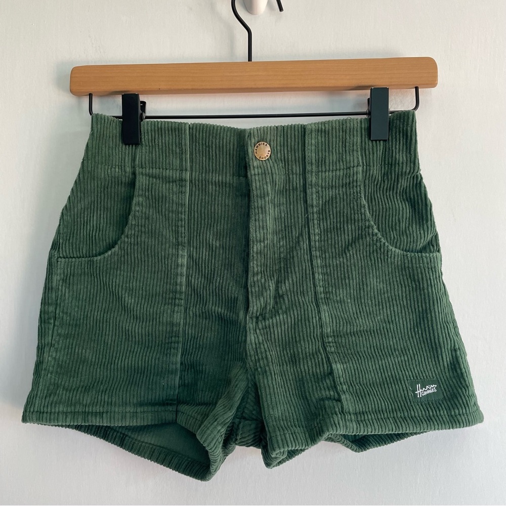 Hammies Green Corduroy Shorts Women’s High Waisted Elastic Waist Pockets 24 - Picture 2 of 12